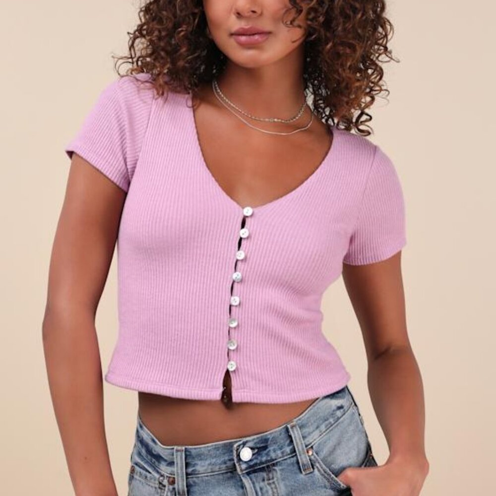 Lulus My Everyday Best Lilac Ribbed Short Sleeve Button-front Top Purple
